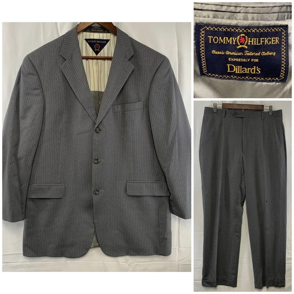 Tommy Hilfiger 2Pc Gray‎ Pinstripe Wool Suit Mens 41R / 34 x 30 Jacket Pants